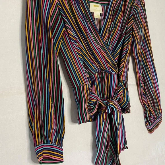 Maeve By Anthropology Multicolor V Neck Wrap Long Sleeve Top w/ Tie Size 4 Small - Picture 10 of 12